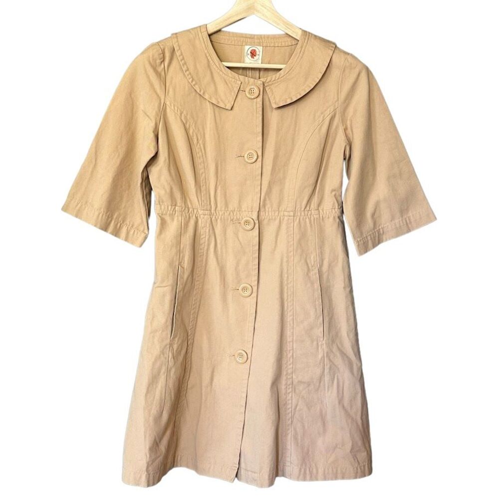 Anthropologie Tulle Khaki Tan Button Up Collared Pocket Shirt Dress y2k Womens M